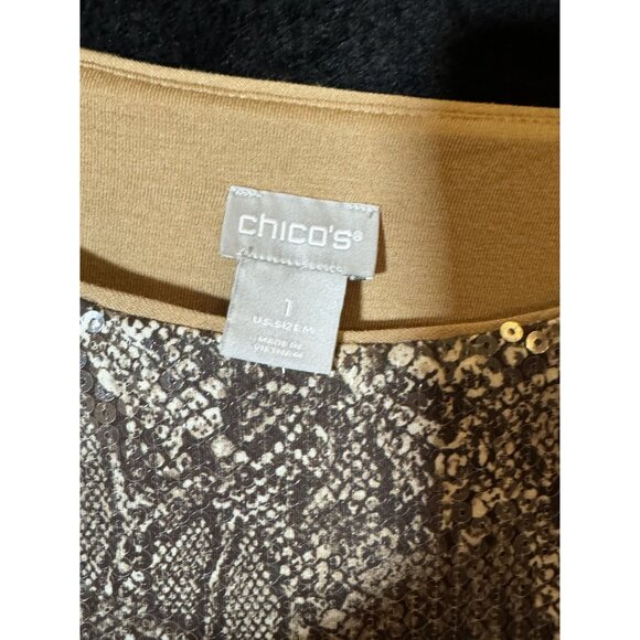 Chicos Python Sequin Knit Top Size 1 Espresso Tan Polyester Spandex - Picture 2 of 4